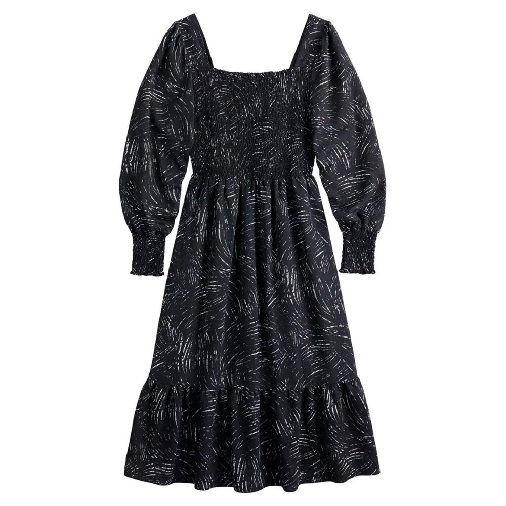Women's Nine West Long Sleeve Squareneck Smocked Dress Black Whisps  Sz med
